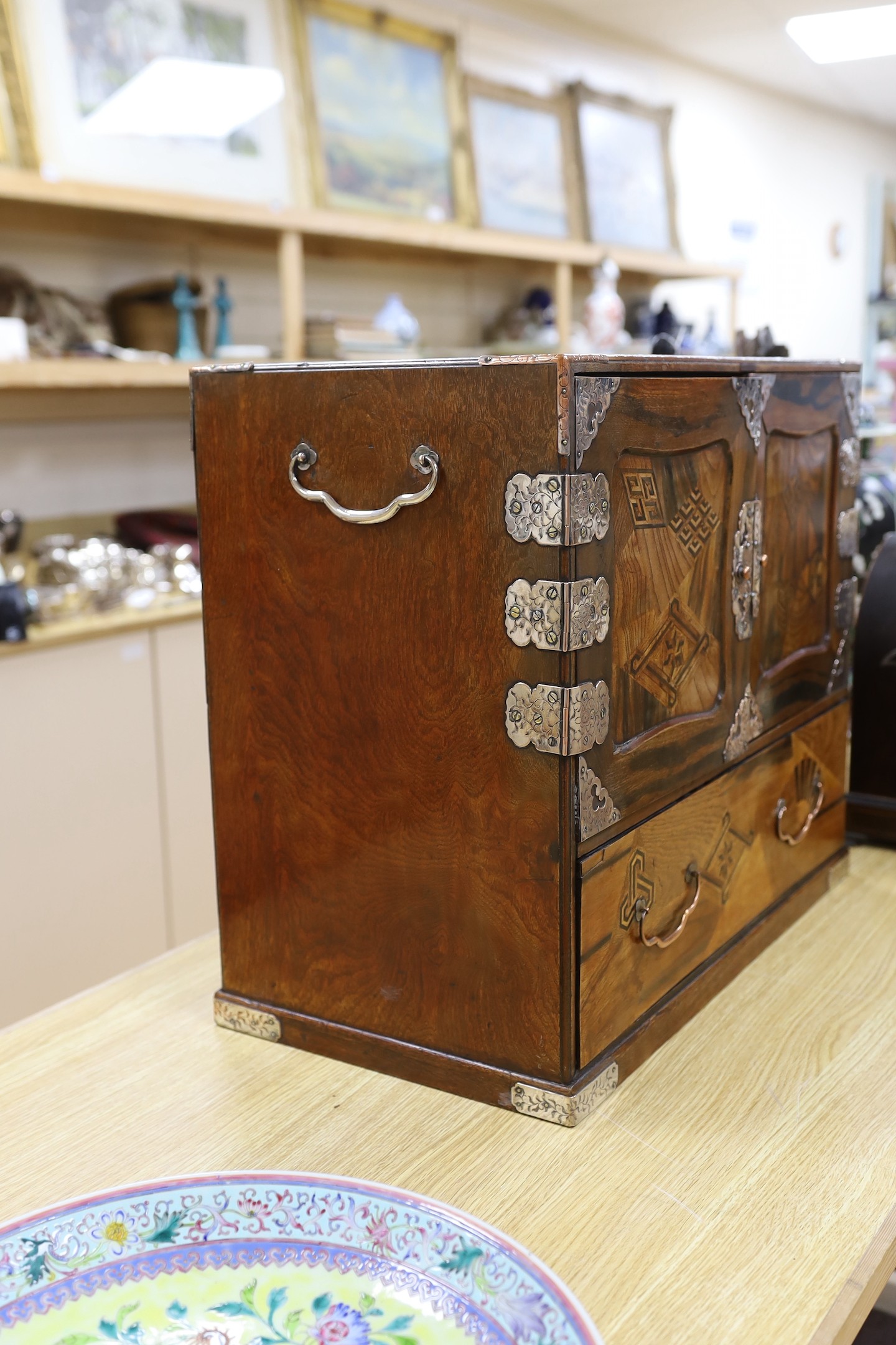 A 19th century Japanese Hakone parquetry table top chest, 55 cms wide x 46.5 cms high.